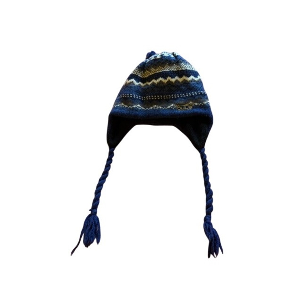 Bula Wool Blend Earflap Beanie Blue Fair Isle Knit Fleece Lined Tassel Hat